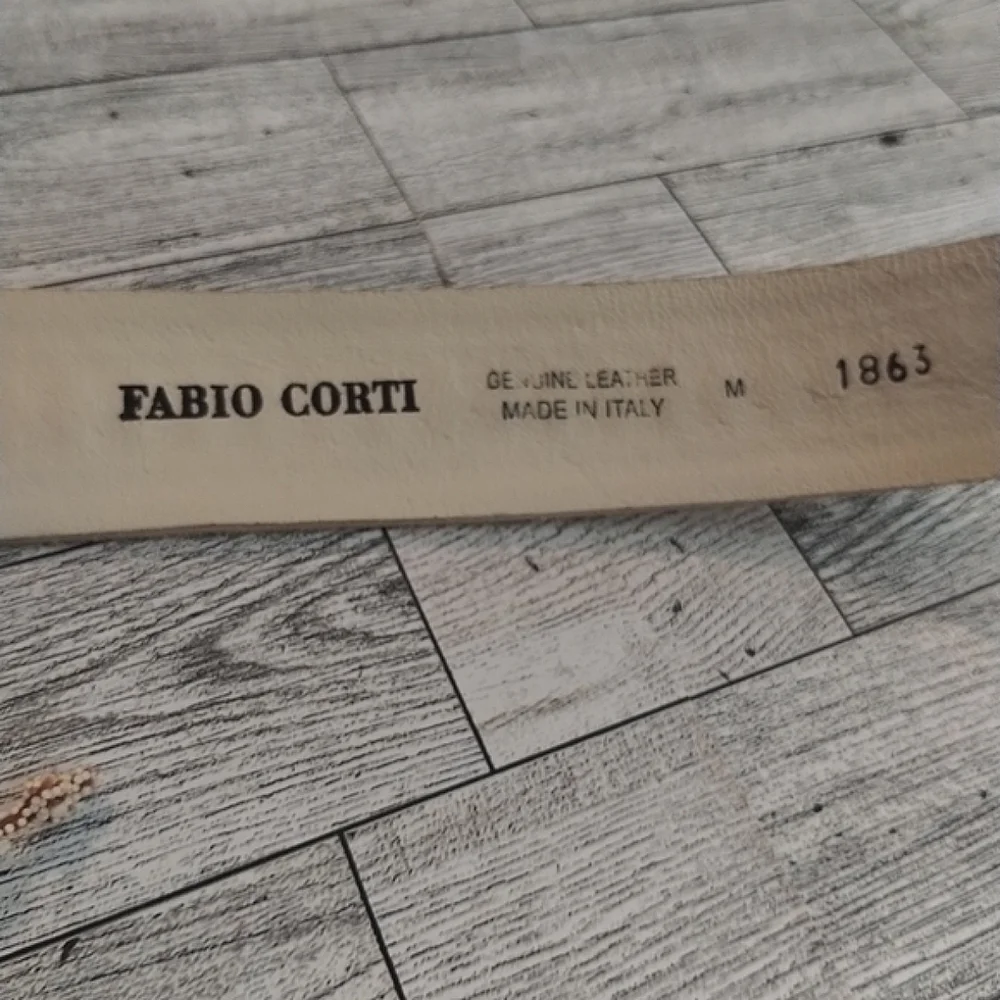 Fabio Corti Stamped Leather Cream Color Belt with Ornate Pewter Buckle #1863 M